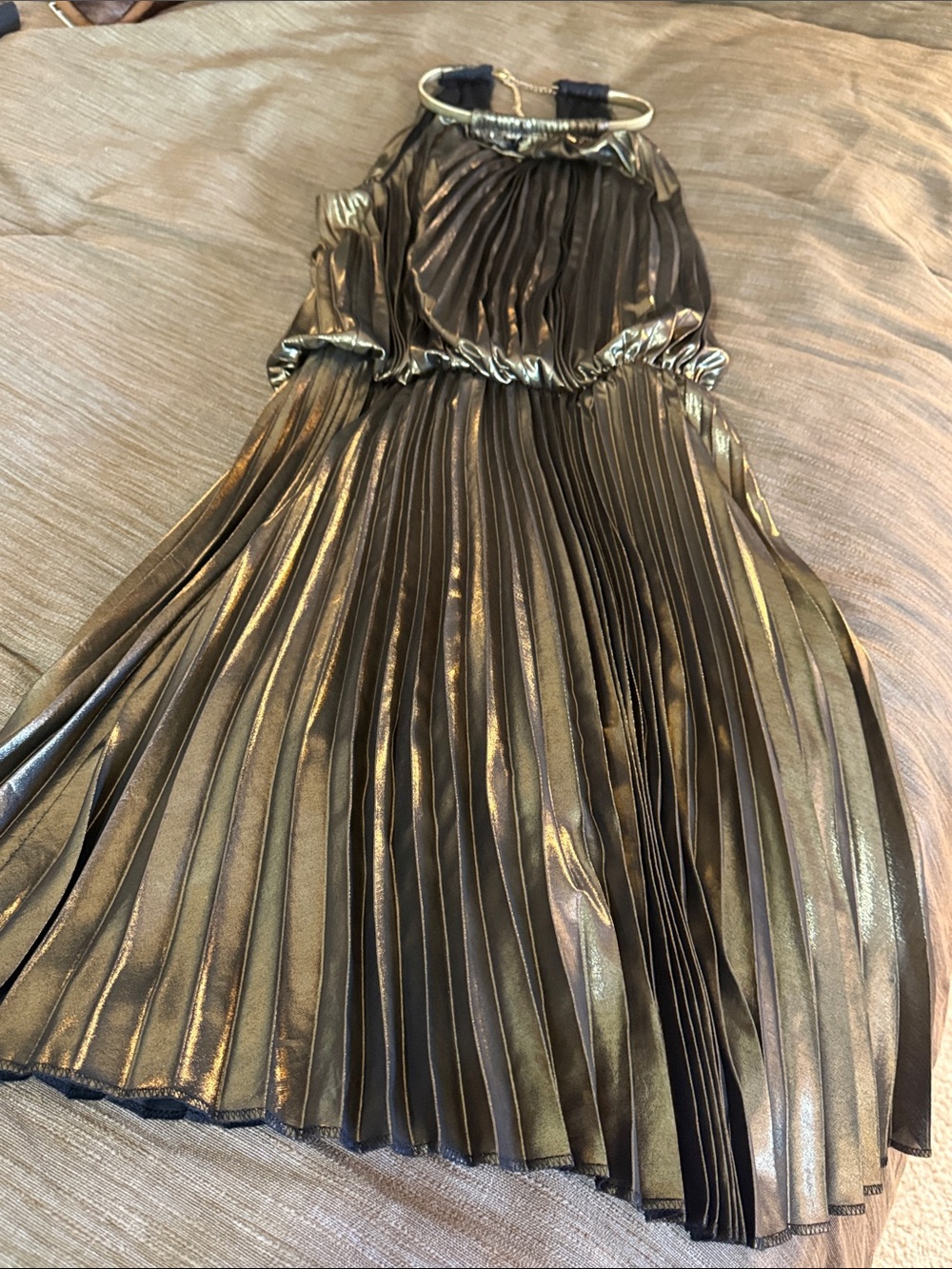 MSK Metallic Gold Pleated Strapless Dress